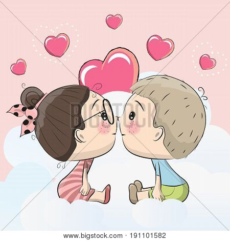 Cute Cartoon boy and girl are kissing on a cloud