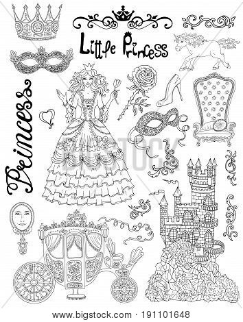 Line art doodle set with princess accessories and royal concept. Graphic vector illustration, doodle sketch with vintage design elements. Suitable for invitation, greeting cards