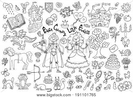 Doodle set with royal prince and princess concept and accessories. Children's drawings. Graphic vector illustrations, sketch with vintage design elements
