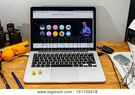 PARIS FRANCE - JUNE 6 2017: Apple Computers website on MacBook laptop in creative environment showcasing Apple Craig Federighi previews macOS High Sierra at WWDC 2017 - new os features