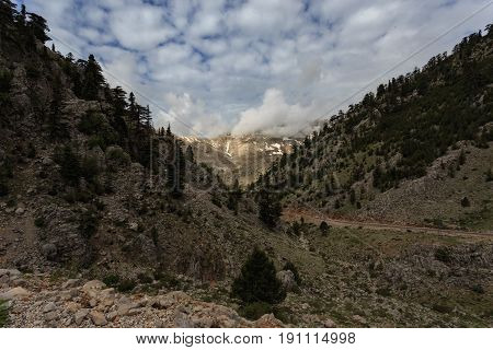 Taurus Mountains Landscape With Rocks Pine Trees And Melting Snow On Mountain Top In Background