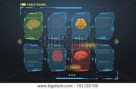 set of HUD infographic panels with brain. Head-up display banners for the web and app. Futuristic user interface. Virtual graphic.