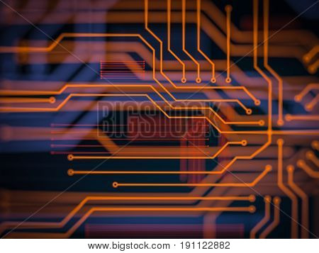 Circuit board futuristic server code processing. Orange, green, blue technology background with bokeh. 3d render