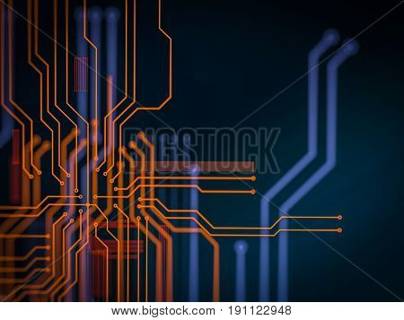Circuit board futuristic server code processing. Orange, green, blue technology background with bokeh. 3d render