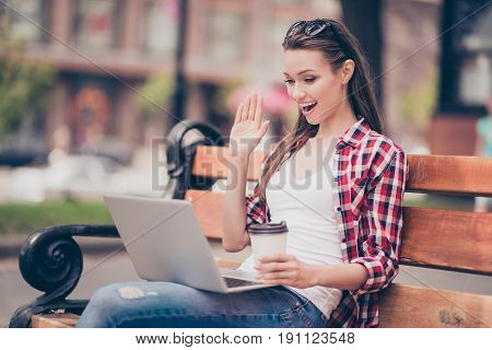 Hello There! Young Girl Is Waving To The Screen To Her Boyfriend In Camera While Having Video Call I