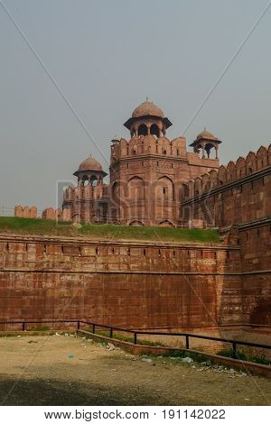 Walls And Tower Of Red Fort (lal Qila) Delhi - World Heritage Site. Delhi, India