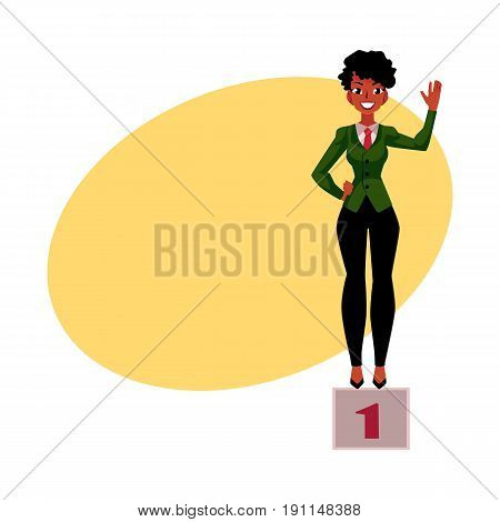 Black, African American businesswoman standind on pedestral, success, victory concept, cartoon vector illustration with space for text. Standing on pedestal as symbol of successful career