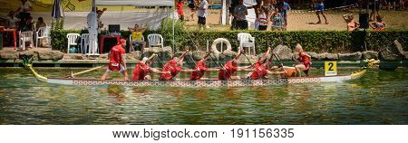 Rome Italy - July 30 2016: Dragon boat crews compete at the european championships held in Italy in 2016 summer Poland crew