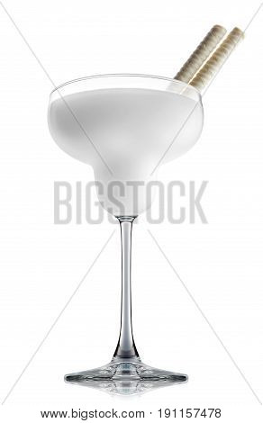 Pina colada or white russian cocktail or mocktail in margarita glass isolated on white background