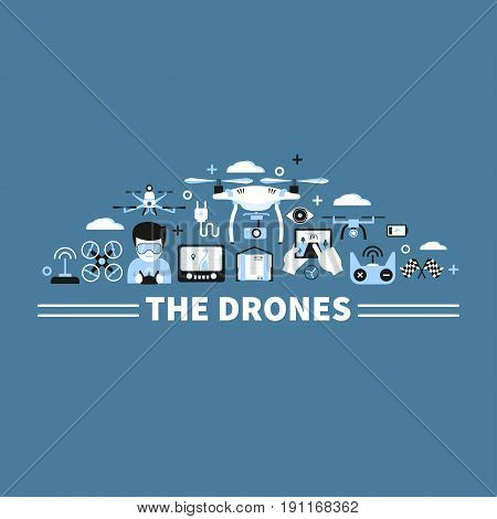 Vectorgraphic concept with air drones, remote controles and other items. Modern design, flat elements. Illustration for advertising, banners; web design, broshures etc.