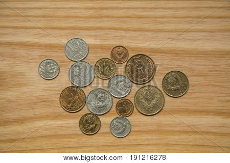 Old Soviet Coins On A Wooden Background