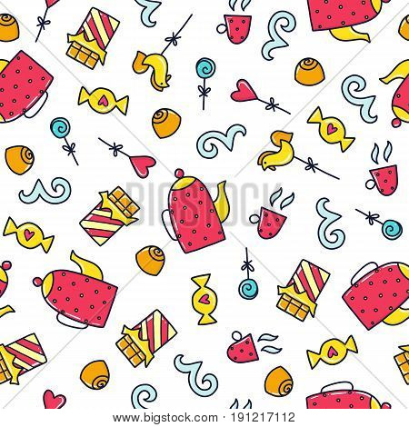 Doodles cute seamless pattern. Color vector background. Illustration with tea and cup, chocolade and candy. Design for T-shirt, textile and prints.