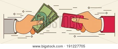 Hands holding credit card and money bills. Flat style