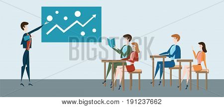 Students at their desks and teacher at the blackboard or business presentation at office. Vector illustration.