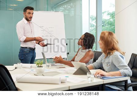 Portrait of handsome bearded entrepreneur standing at marker board and motivating sales managers to exceed goals during working meeting