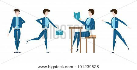 Set of businessmen or students in different poses. Vector illustration in flat style, isolated on white background.