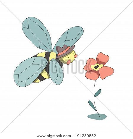 Cute cartoon bee and flower, vector illustration in simple style. Isolated on white background.