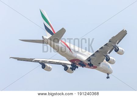 Bangkok, Thailand. - April 22, 2017 : Plane or aircraft of Emirates Airlines or Airways on the sky landing to Suvanabhumi airport.