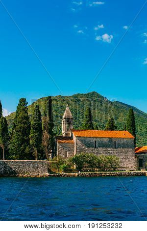 The island of Gospa od Skrpela in the Boko-Kotorsky Gulf near the town of Perast in Montenegro.