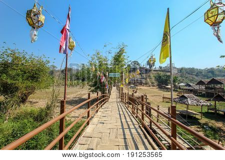 Maehongson, Thailand. - February 22, 2017 : Sutongpe wooden bridge of temple at Maehongson, North of Thailand.