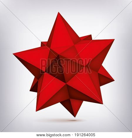 Volume polyhedron red star, 3d object, geometry shape, mesh version, abstract vector element