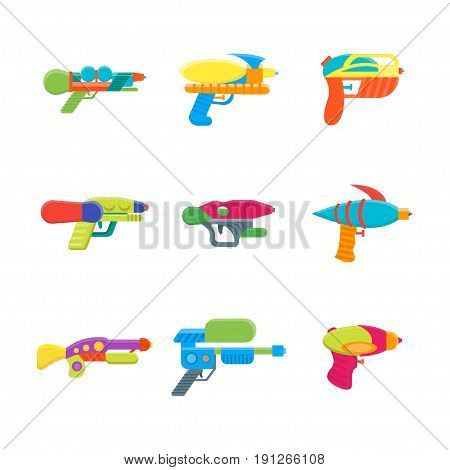 Cartoon Toy Water Guns Color Icons Set Fun for Kids. Vector illustration
