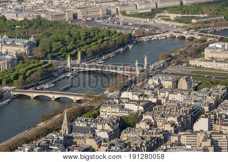 Aerial view from Eiffel Tower on Seine River - Paris France.