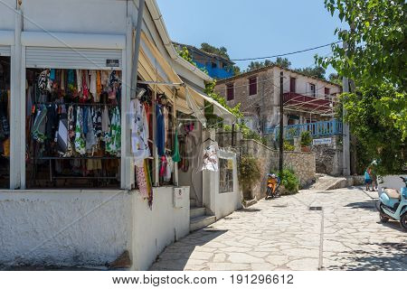 AGIOS NIKITAS, LEFKADA, GREECE JULY 16, 2014: Traditional houses in village of Agios Nikitas, Lefkada, Ionian Islands, Greece