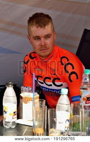 BANSKA BYSTRICA, SLOVAKIA - JUNE 08, 2017: Jan Tratnik from Slovenia current  leader in general classification and points classification after second stage of road cycling championship - Tour of Slovakia