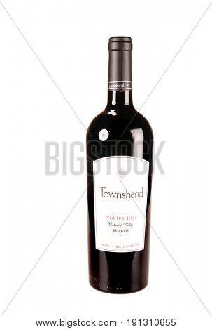 Colbert, WA - April 23, 2017: Bottle of Towmshend Winery Vortex Red a Columbia Valley red wine blend isolated on white - illustrative editorial