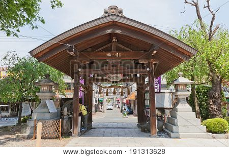 MARIOKA JAPAN - MAY 22 2017: Main gate of Sakurayama Shinto Shrine in Marioka Japan. Believed to be part of former Marioka Castle