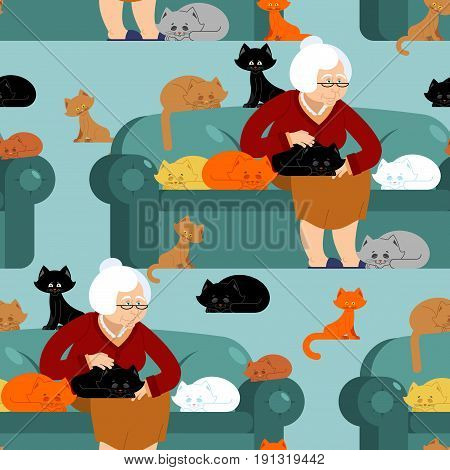 Cat Lady Pattern. Grandmother And Cat Sitting On Chair Pattern. Granny Ornament . Grandma And Pet Ba
