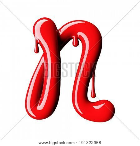 Glossy red letter N uppercase. 3D rendering font with glint isolated on white background.