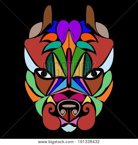 Pitbull. Patterned colored head dog. African Indian totem tattoo. For design of a T-shirt a bag a poster clothes and a logo. Vector image