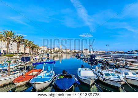 Waterfront view at mediterranean scenery in old roman town Split, Croatia.