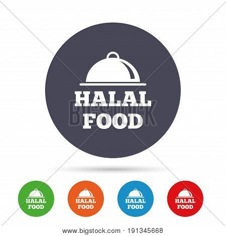 Halal food product sign icon. Natural muslims food symbol. Round colourful buttons with flat icons. Vector