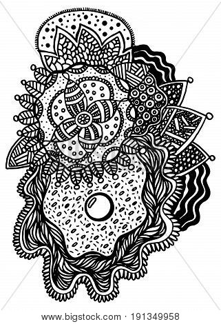 Floral zentangle sketch with pearl in shell. Hand drawn vector art for coloring book. Graphic element in oriental style.