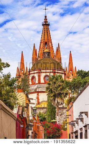 Aldama Street Parroquia Archangel church Dome Steeple San Miguel de Allende Mexico. Parroaguia created in 1600s.