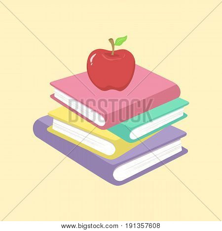 Stack of Book and Apple School Supplies Vector Illustration isolated on cream background.
