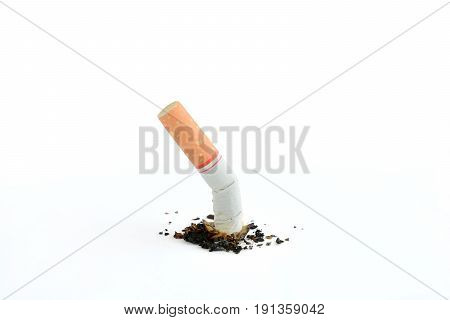 Cigarette butt isolated on white background World No Tobacco Day concept