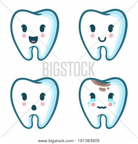 Vector set of cartoon teeth with different emotions. Funny tooth character expressions