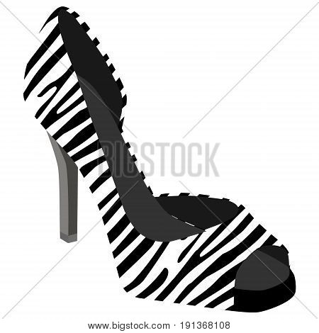 Vector illustration high heel shoe with animal zebra stripes pattern. Ladies shoes zebra skin print on a white background