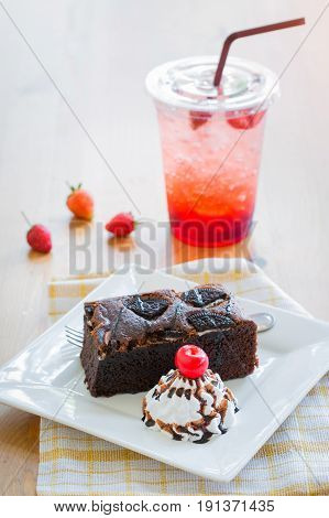 Chocolate Cake (brownie) And Strawberry Juice Food And Drink Without Sugar - Fat