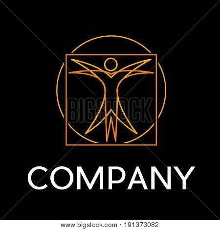 Vector sign abstract vitruvian man in linear style on black background