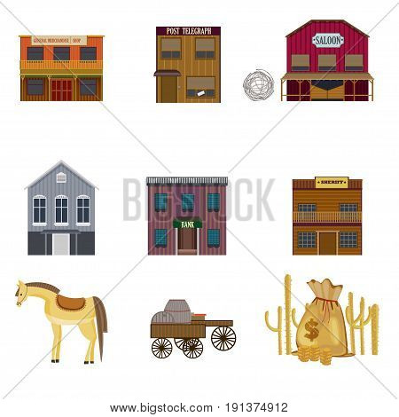 Colorful wild west elements set with buildings horse carts with wooden barrels cactuses and money bag isolated vector illustration