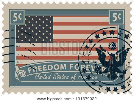 Postage stamp with inscriptions and image of the American flag. Vector illustration of a 5-cent USA stamp with a scratched print.
