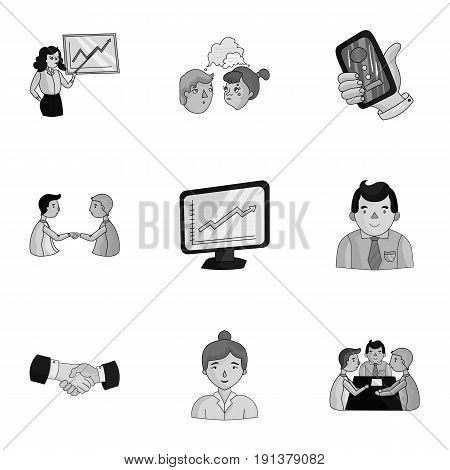 A set of pictures about the transaction, work, office. Office center, analytics.Business conference and ntgotiations icon in set collection on monochrome style vector symbol stock web illustration.