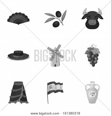 A set of pictures about Spain. Sights of Spain, gypsies, guitar, dances.Spain country icon in set collection on monochrome style vector symbol stock web illustration.