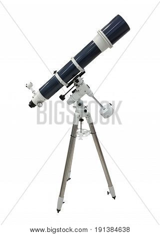 blue telescope on a tripod isolated on white background