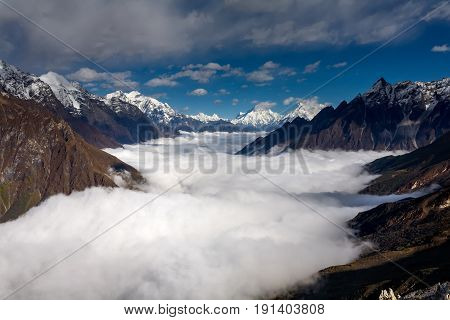 Manaslu valley covered with clouds on Manaslu circuit trek in Nepal